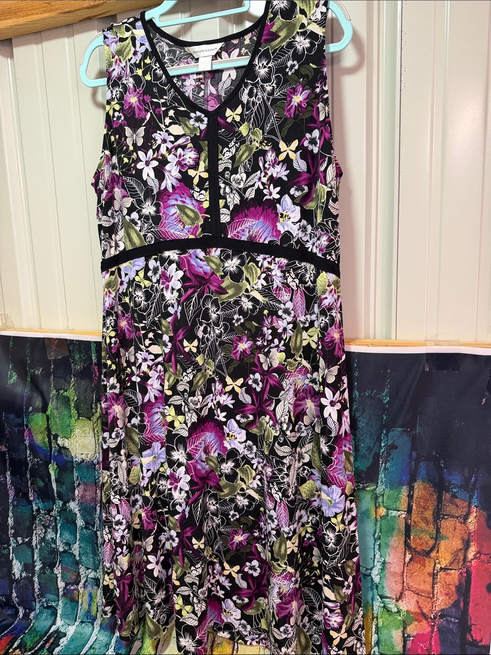 Christopher & Banks Black Floral Maxi Dress with Purple and Green Accents
